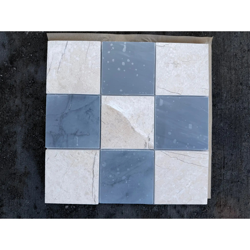 Checkerboard Bardiglio Crema Marfil polished-honed mosaic tiles