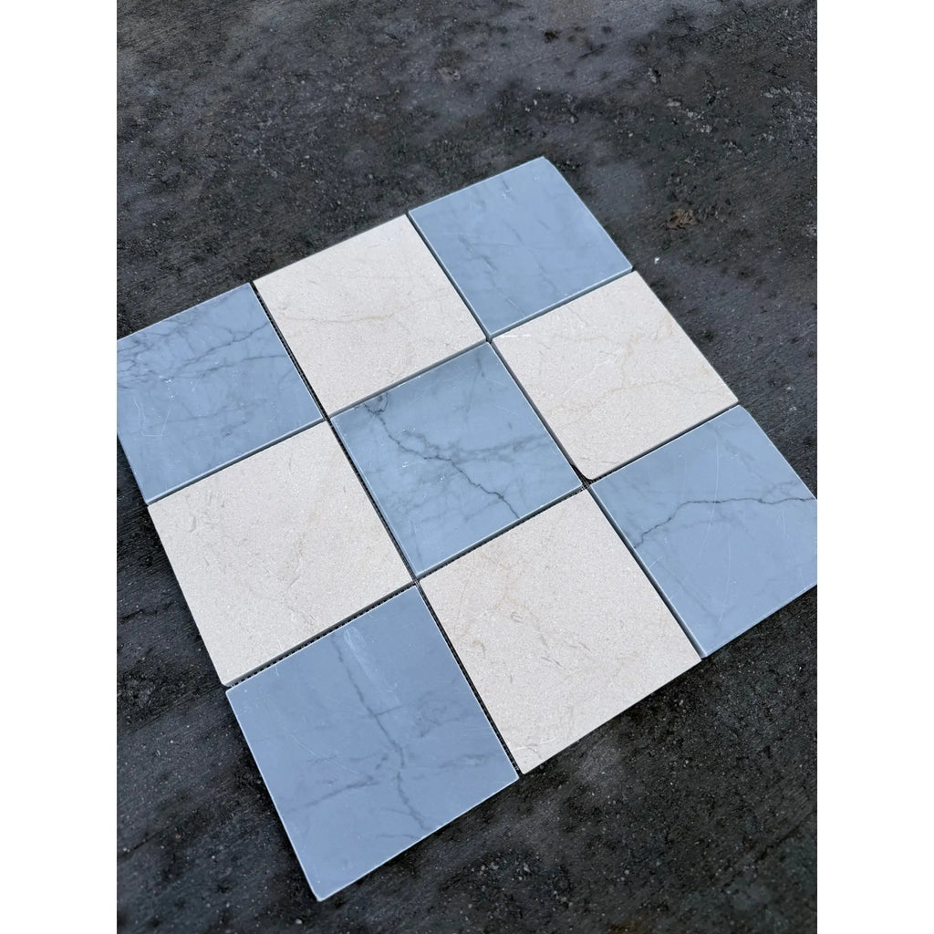 Polished-honed Checkerboard Bardiglio Crema Marfil mosaic tiles with light blue off-white checkerboard and marble veining