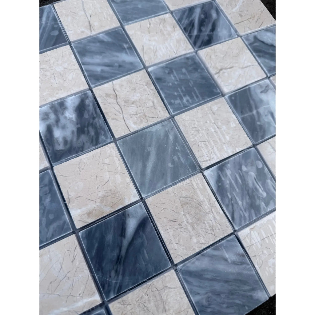 Polished-honed Checkerboard Bardiglio Crema Marfil marble mosaic tiles in dark gray and beige patterns