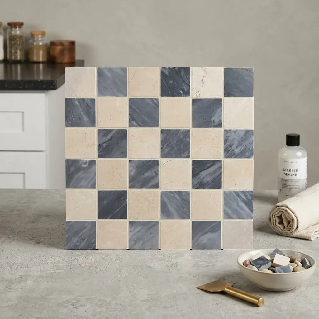 Checkerboard bardiglio crema marfil polished-honed blue and beige marble mosaic tile panel with checkerboard pattern