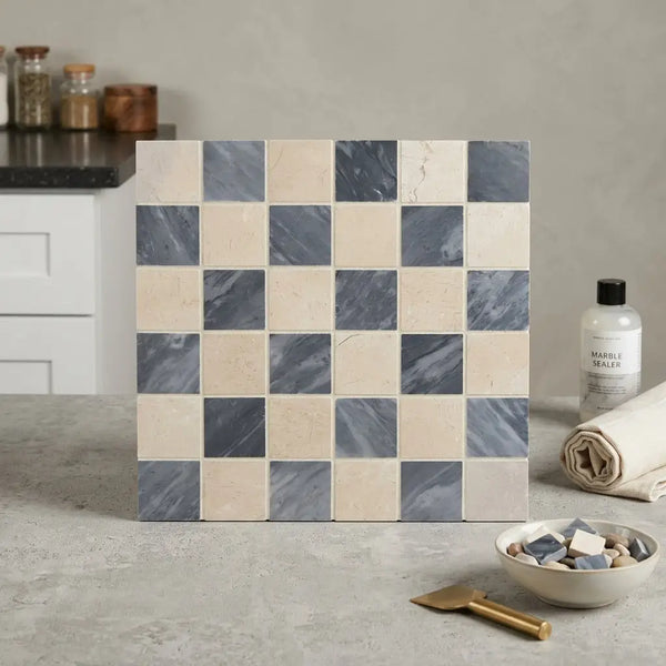 Checkerboard bardiglio crema marfil polished-honed blue and beige marble mosaic tile panel with checkerboard pattern