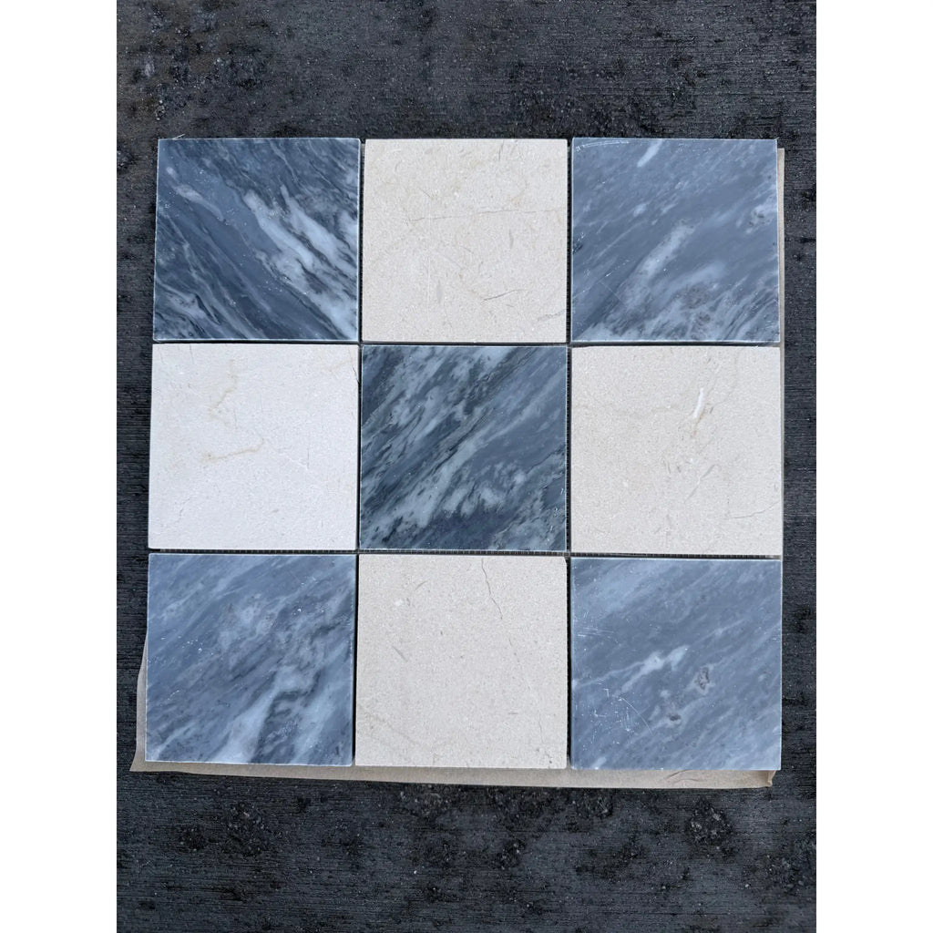 Checkerboard Bardiglio-Crema Marfil polished-honed marble mosaic tiles