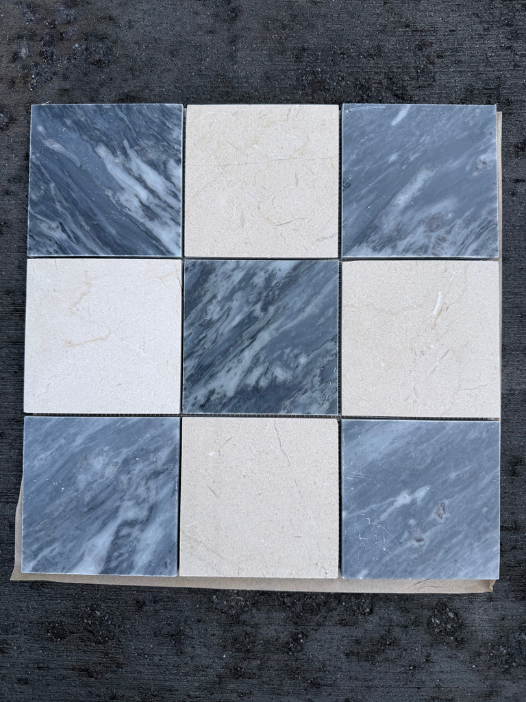 Checkerboard Bardiglio-Crema Marfil polished-honed marble mosaic tiles