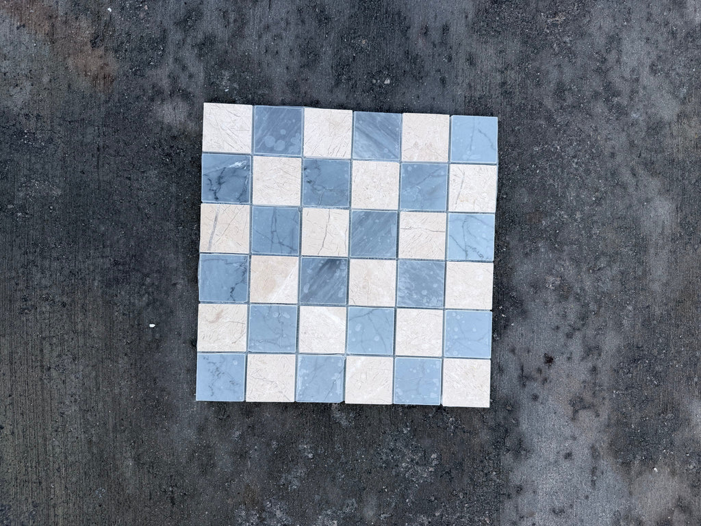 Polished-honed Checkerboard Bardiglio Crema Marfil mosaic tile panel