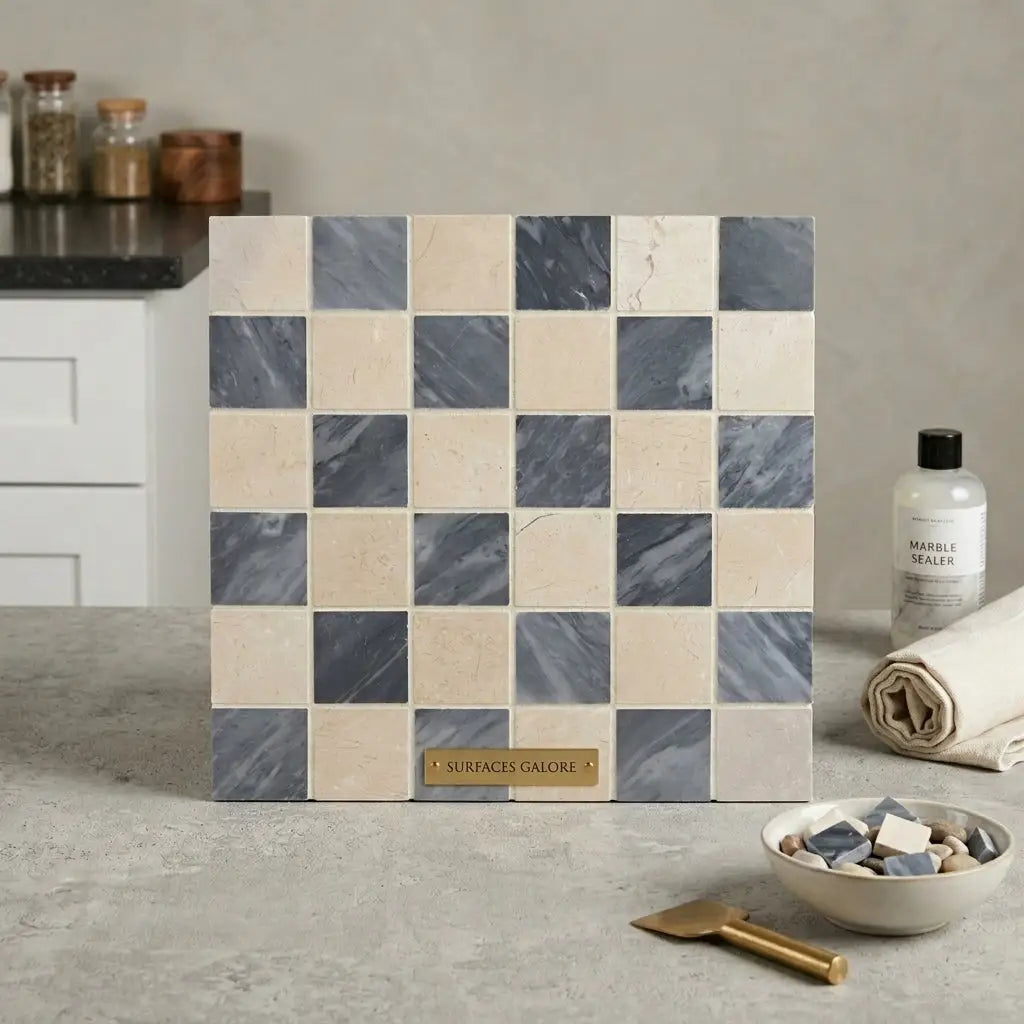 A polished-honed Checkerboard Bardiglio Crema Marfil marble mosaic tile panel with beige and dark gray squares