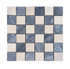 Blue and beige marble checkerboard mosaic tile panel in Bardiglio Crema Marfil polished-honed finish
