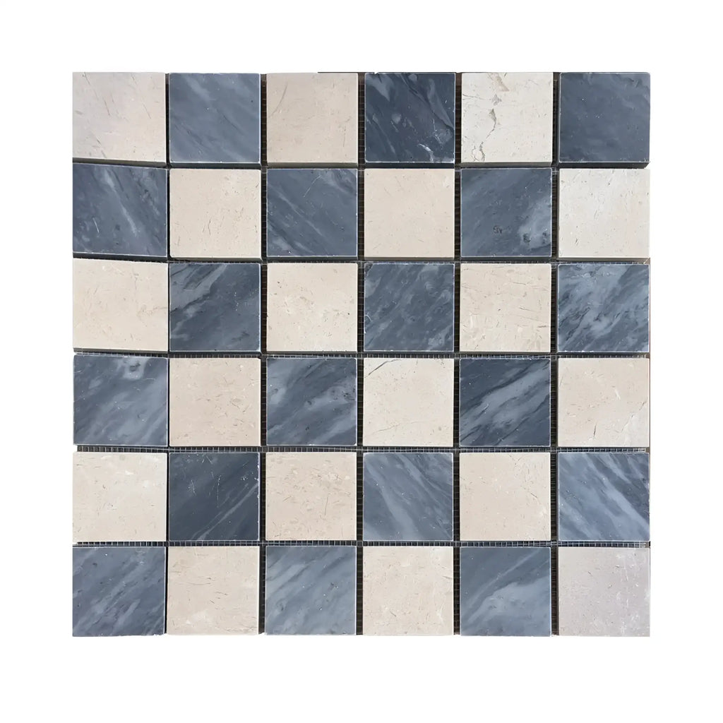 Blue and beige marble checkerboard mosaic tile panel in Bardiglio Crema Marfil polished-honed finish