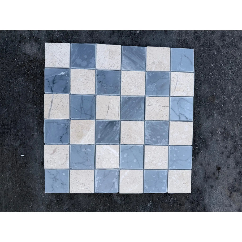 Polished-honed Checkerboard Bardiglio Crema Marfil blue beige marble mosaic tile panel