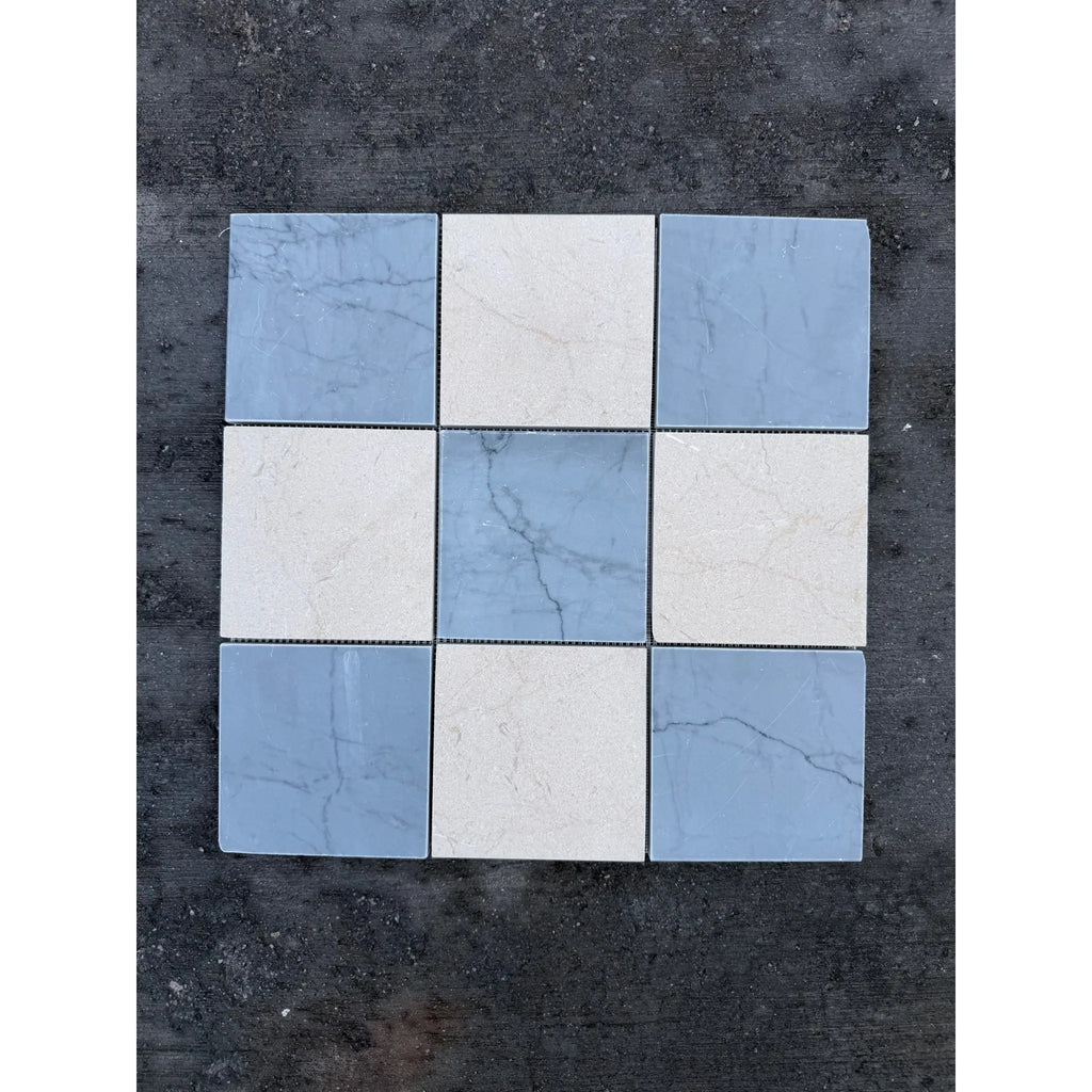 Blue and white Bardiglio Crema Marfil marble checkerboard mosaic tile set, polished-honed