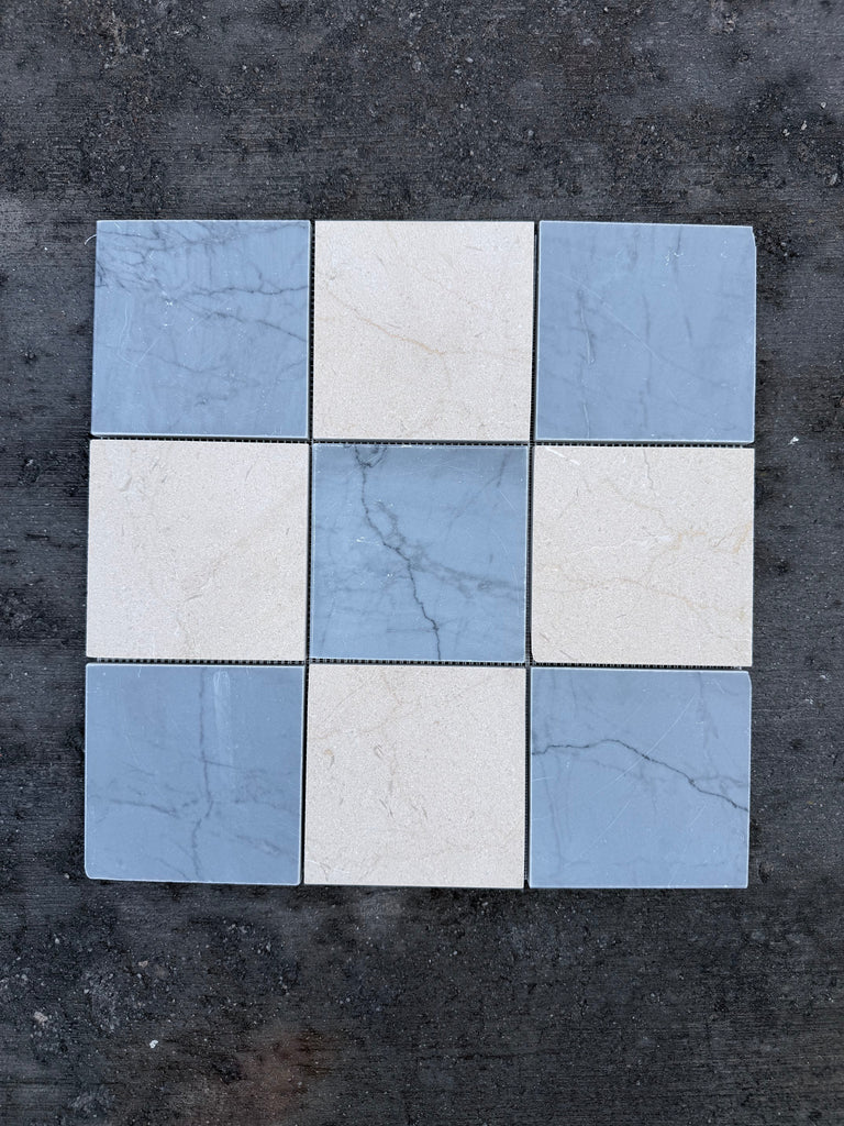 Blue and white Bardiglio Crema Marfil marble checkerboard mosaic tile set, polished-honed