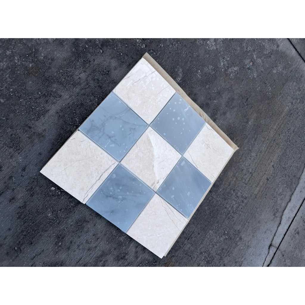Polished-honed Checkerboard Bardiglio Crema Marfil mosaic tile panel