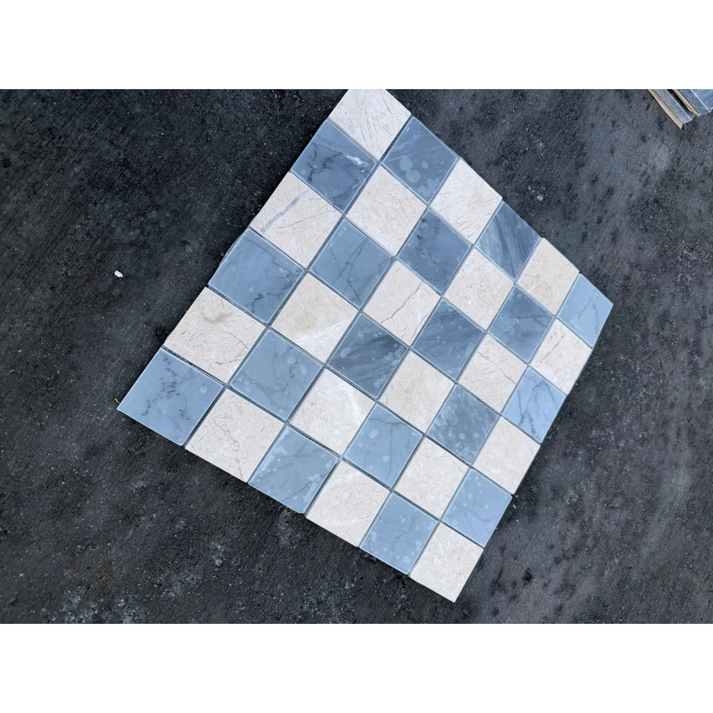 Blue and beige Bardiglio Crema Marfil marble mosaic checkerboard panel, polished-honed