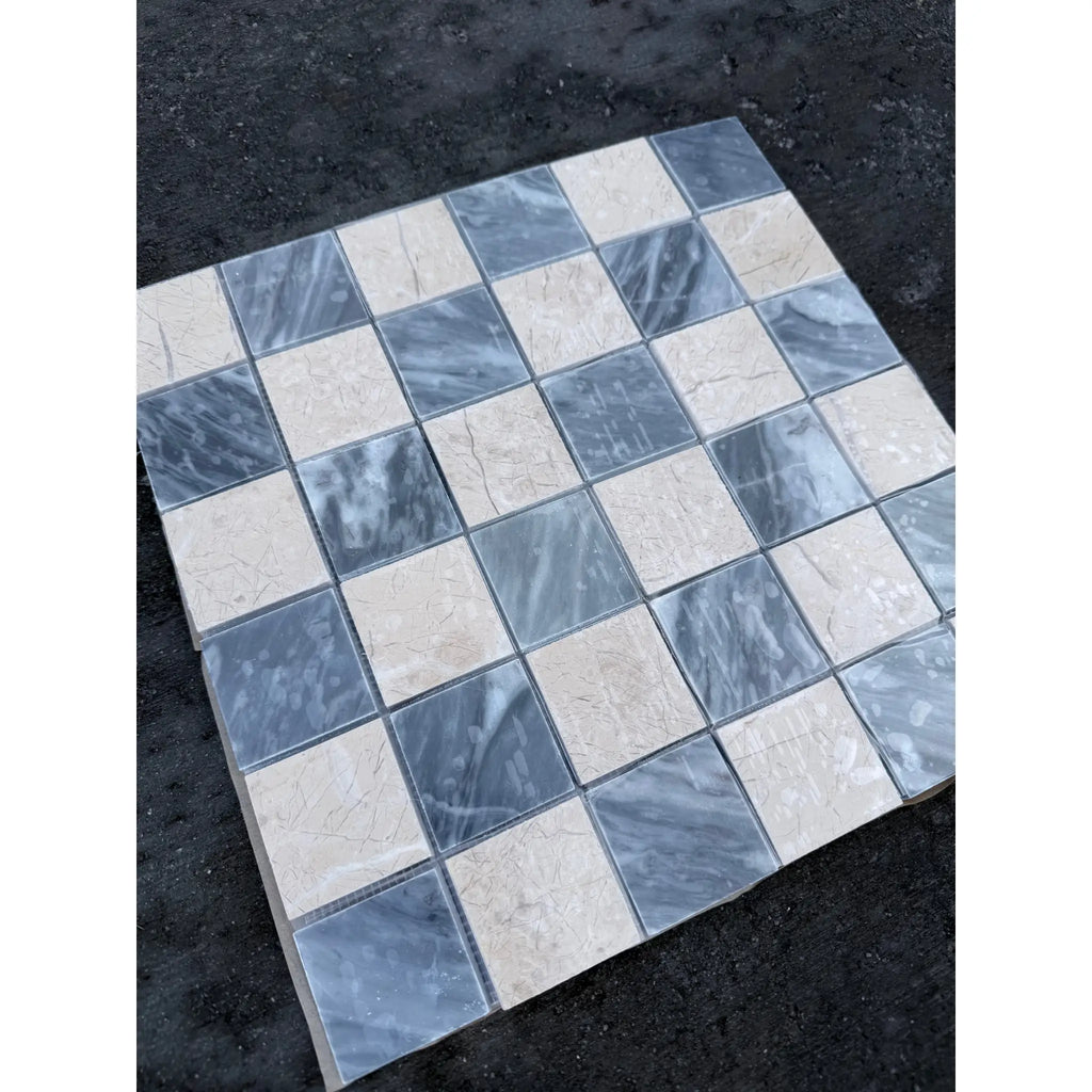 Checkerboard Bardiglio Crema Marfil polished-honed mosaic tile panel