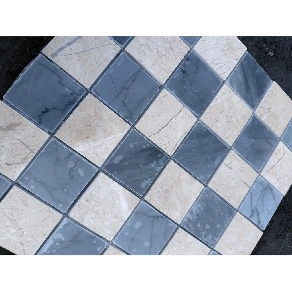 Checkerboard Bardiglio-Crema Marfil polished-honed mosaic tile panel