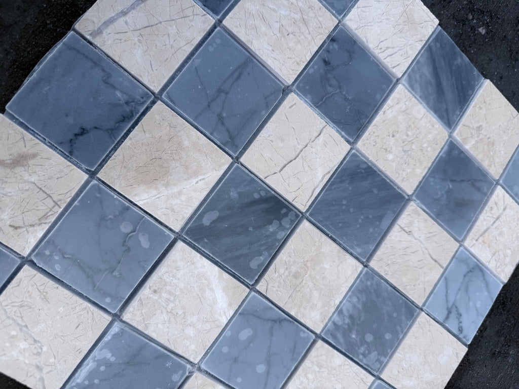 Checkerboard Bardiglio-Crema Marfil polished-honed mosaic tile panel