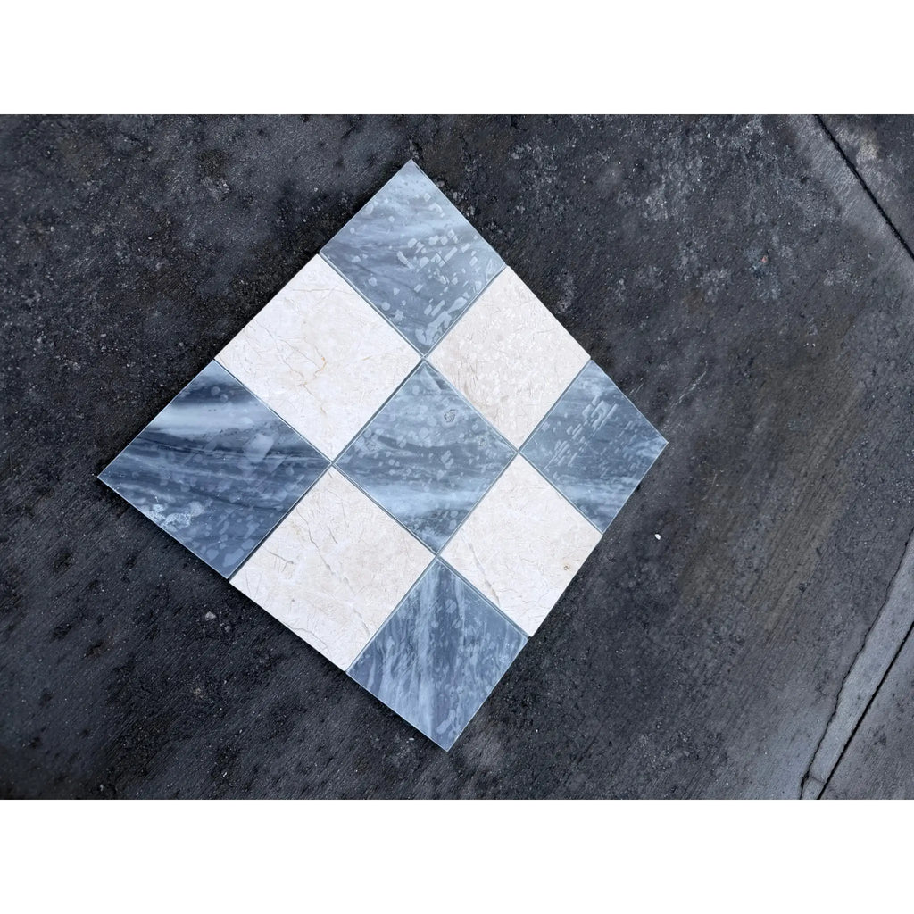Checkerboard Bardiglio Crema Marfil polished-honed diamond mosaic tile