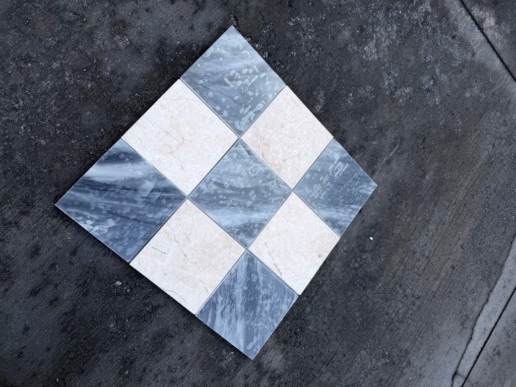Checkerboard Bardiglio Crema Marfil polished-honed diamond mosaic tile