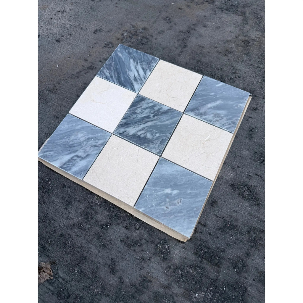 Checkerboard Bardiglio Crema Marfil polished-honed 3x3 mosaic tile panel