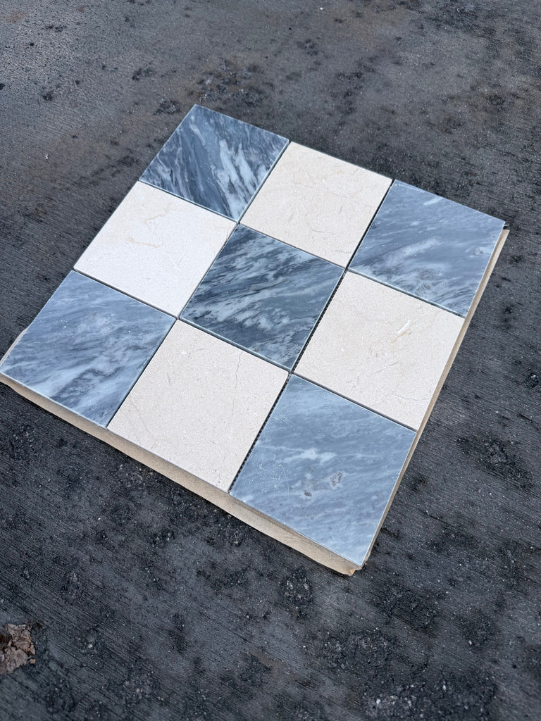 Checkerboard Bardiglio Crema Marfil polished-honed 3x3 mosaic tile panel