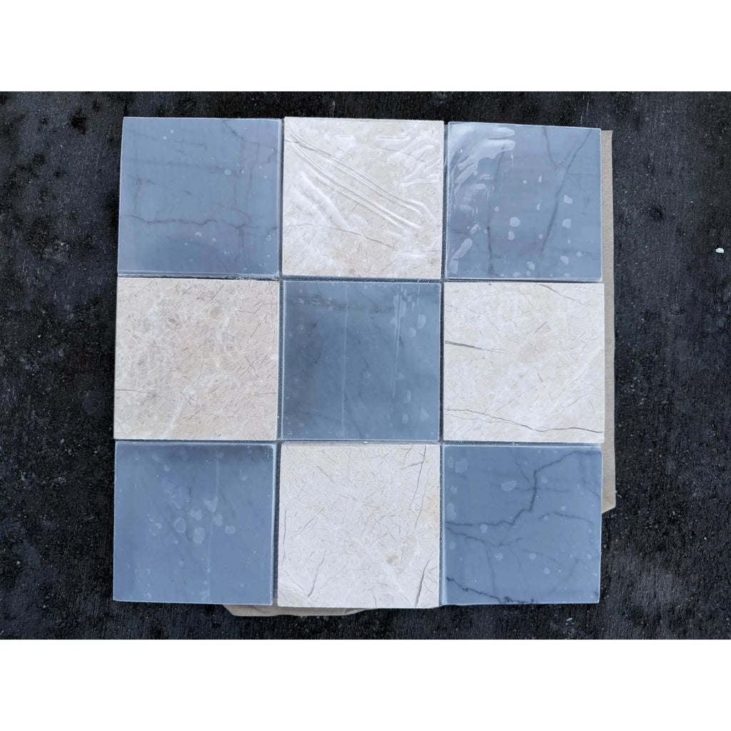 Polished-honed Checkerboard Bardiglio Crema Marfil mosaic tiles
