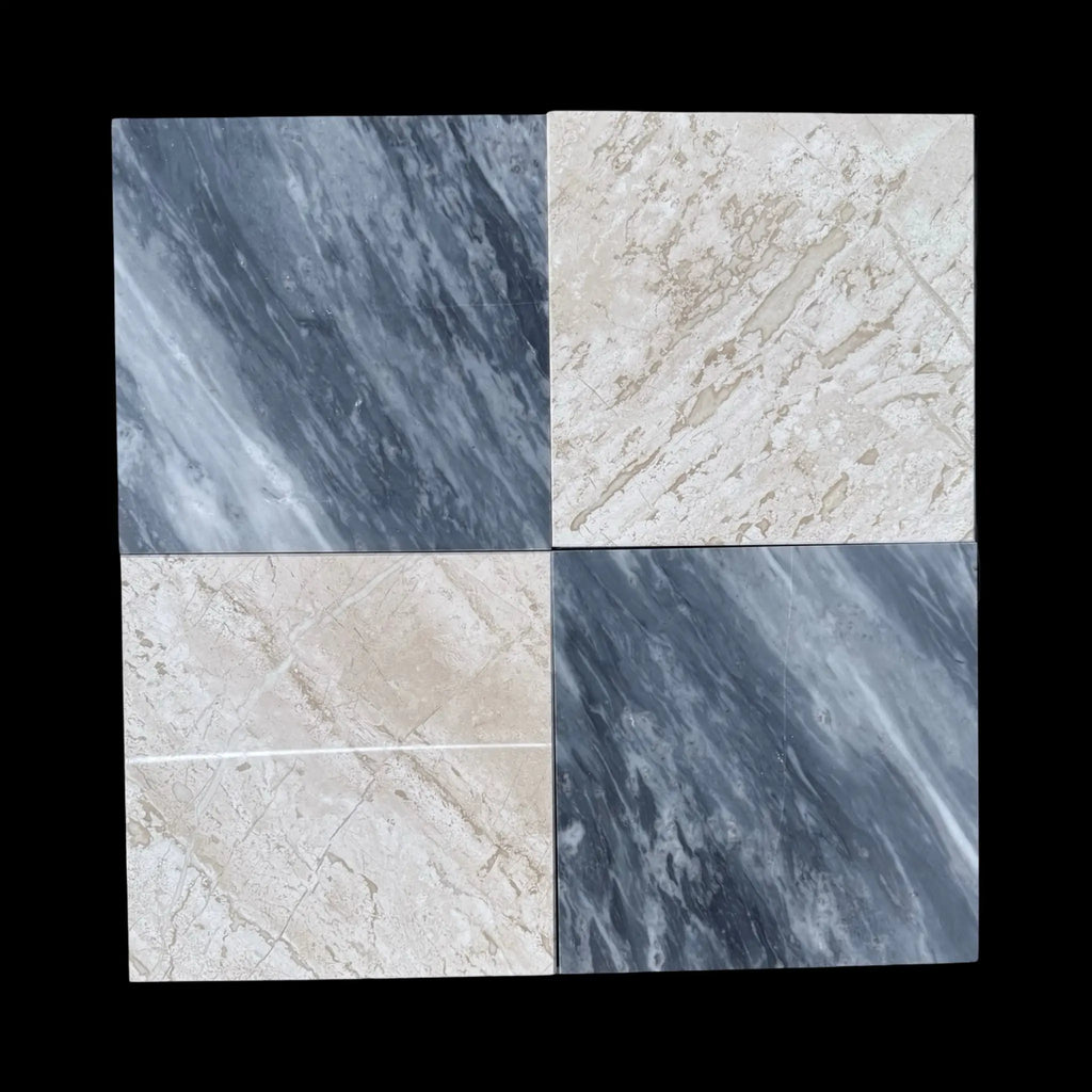Four marble-patterned tiles from the Checkerboard Bardiglio and Diano Royal Marble 12X12 Set