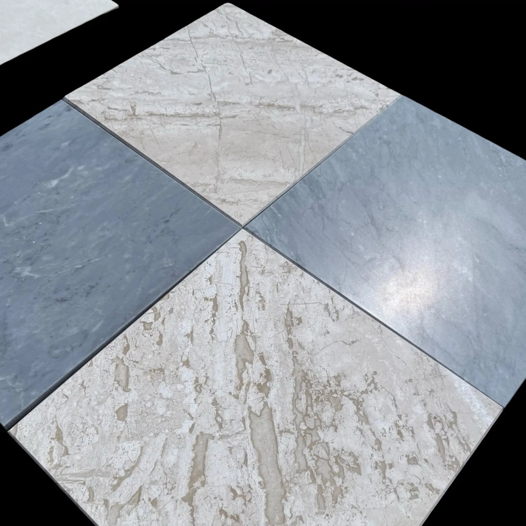 Four square marble tiles from the Checkerboard Bardiglio and Diano Royal Marble 12X12 Set