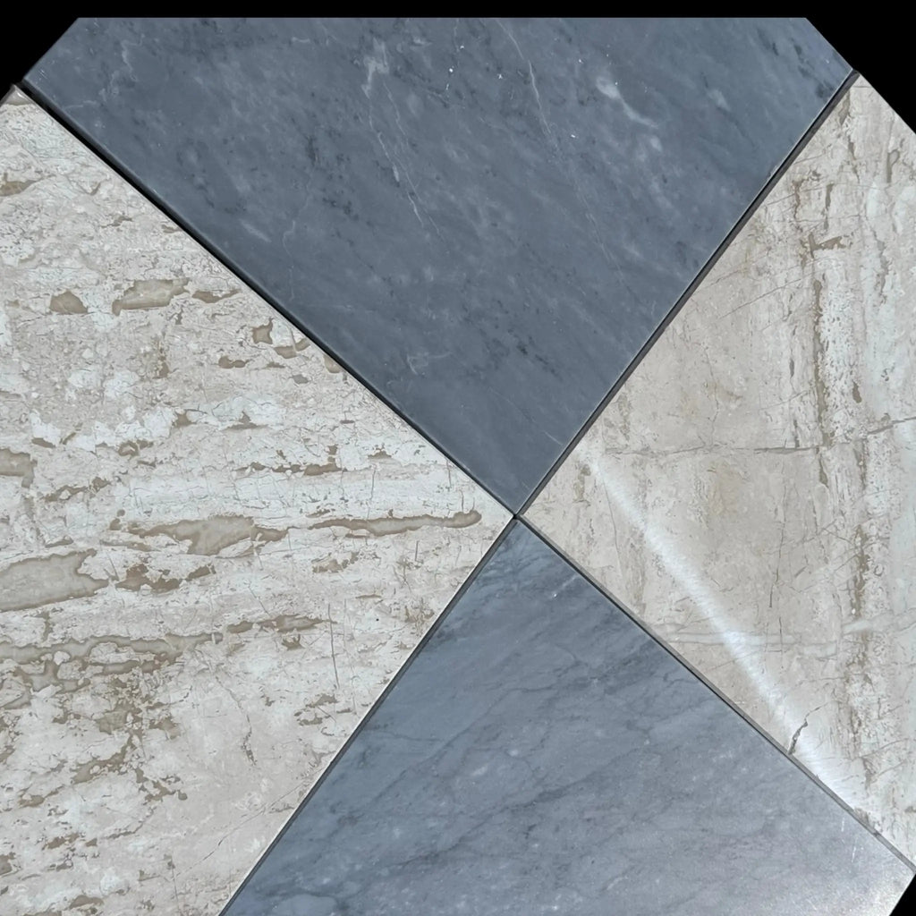 Four square Bardiglio and Diano Royal marble tiles from the Checkerboard set