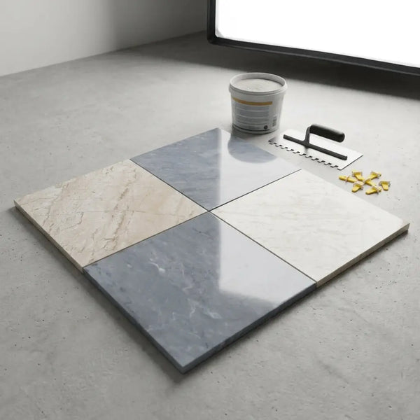 Four square checkerboard bardiglio and diano royal marble tiles with beige, gray, and white veining on concrete floor