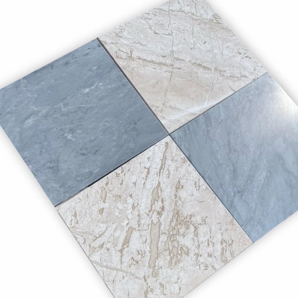 Four square Marble Tiles in Checkerboard Bardiglio and Diano Royal Marble 12x12 Set