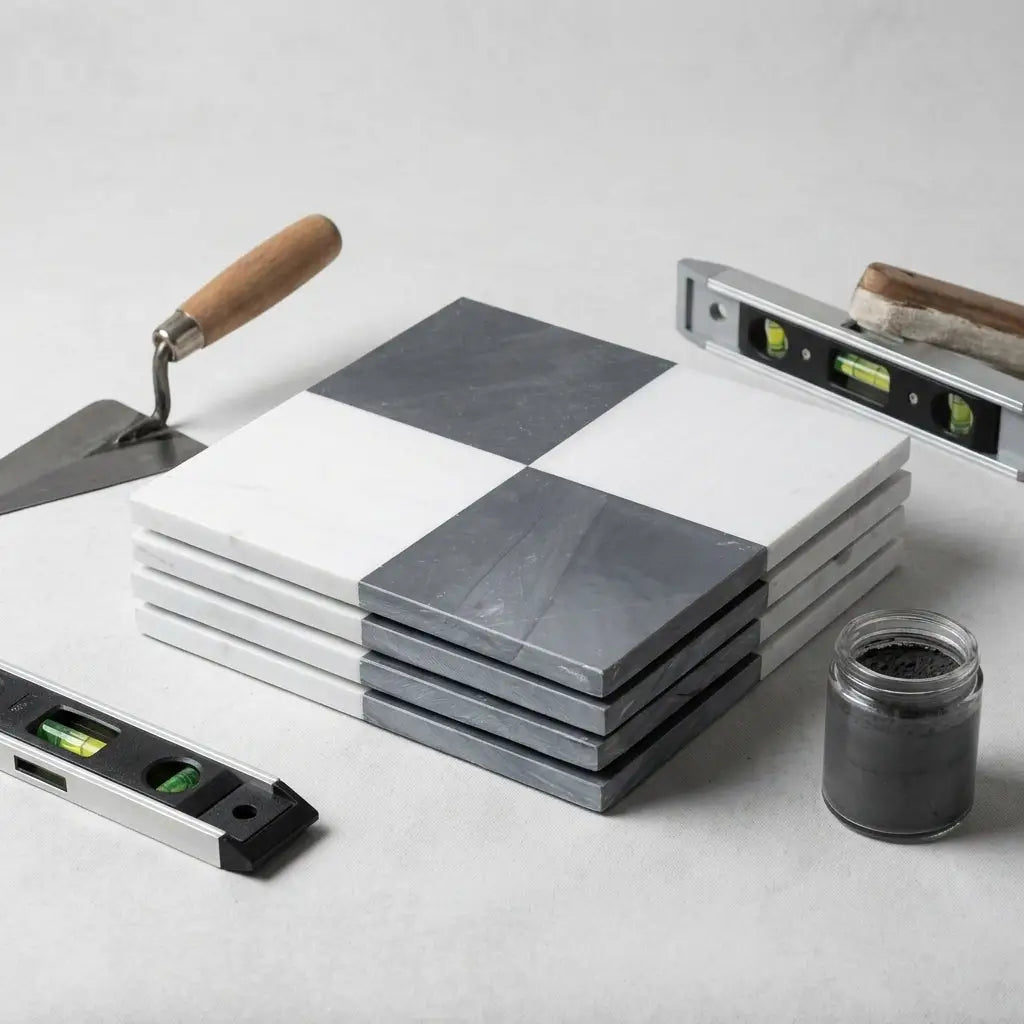 Stack of two-tone gray and white checkered marble coasters from checkerboard bardiglio imperiale and bianco dolomite set
