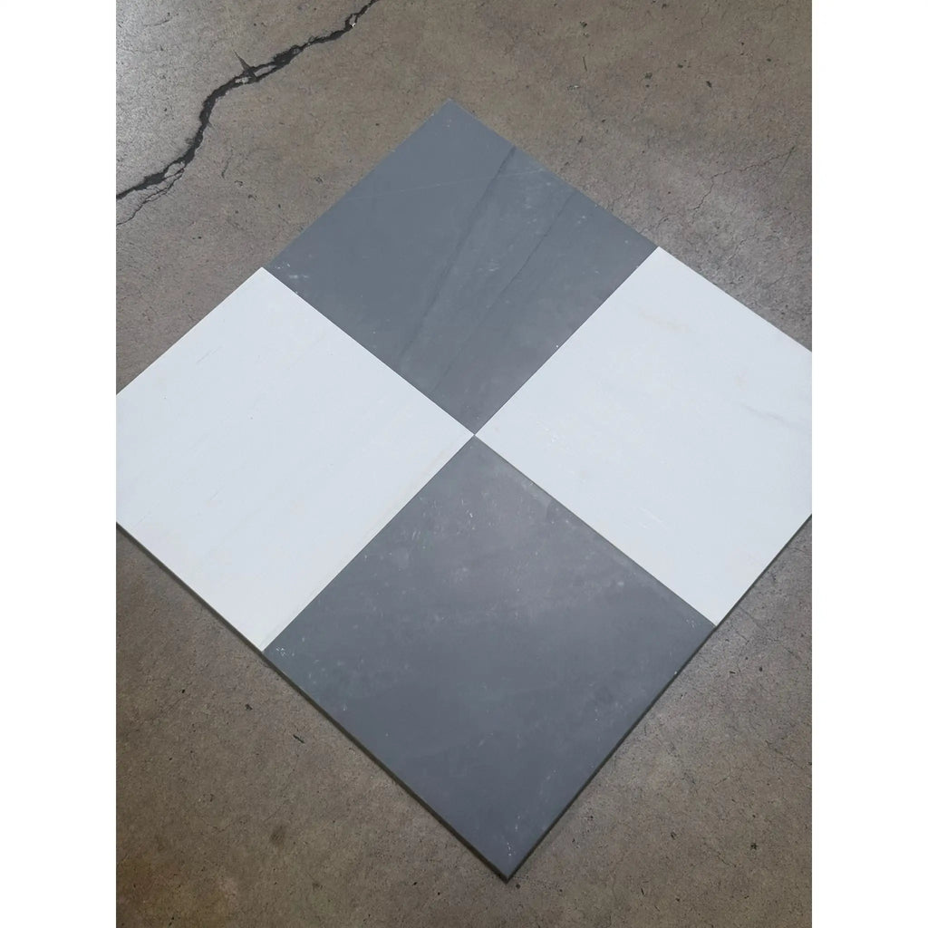 Gray and white checkered marble tiles from Checkerboard Bardiglio Imperiale and Bianco Dolomite set