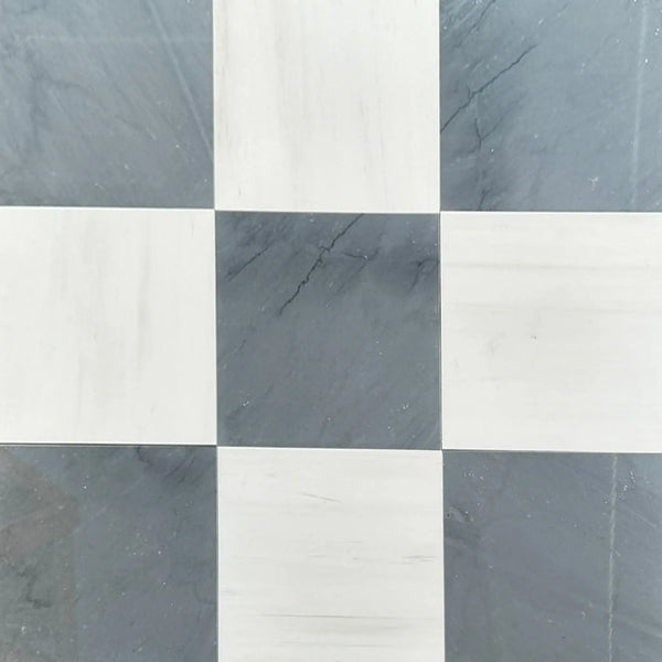 Checkerboard tile pattern of Bardiglio Imperiale and Bianco Dolomite Marble 18X18 Set