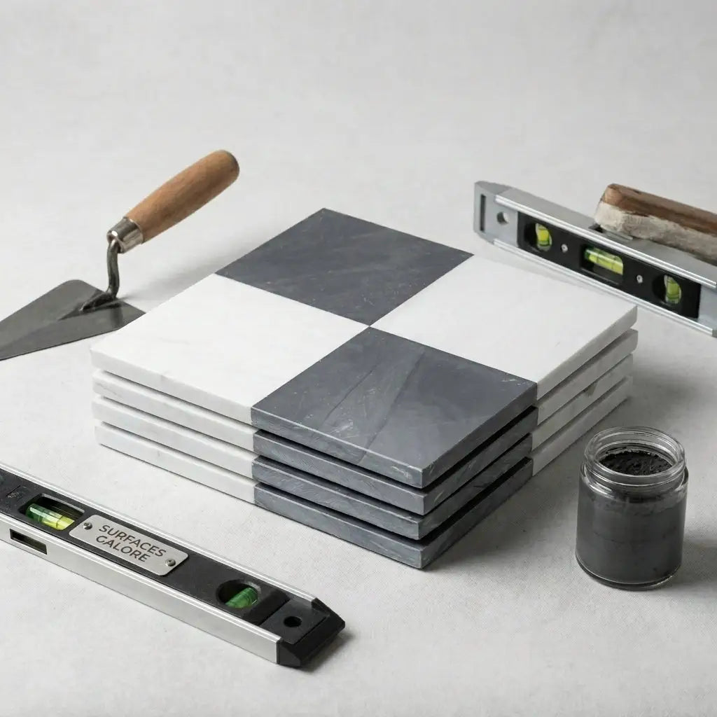 Stack of square coasters with white and dark gray checkered bardiglio imperiale and bianco dolomite marble pattern