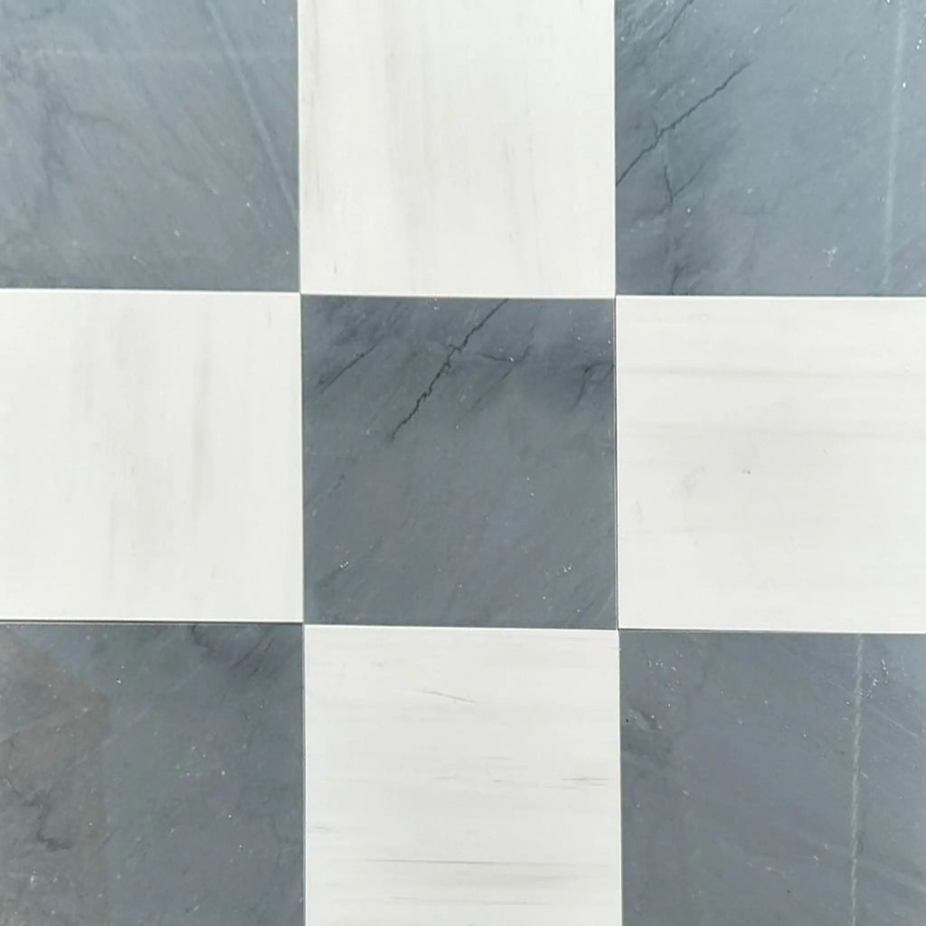 Checkerboard tile pattern of Bardiglio Imperiale and Bianco Dolomite marble set