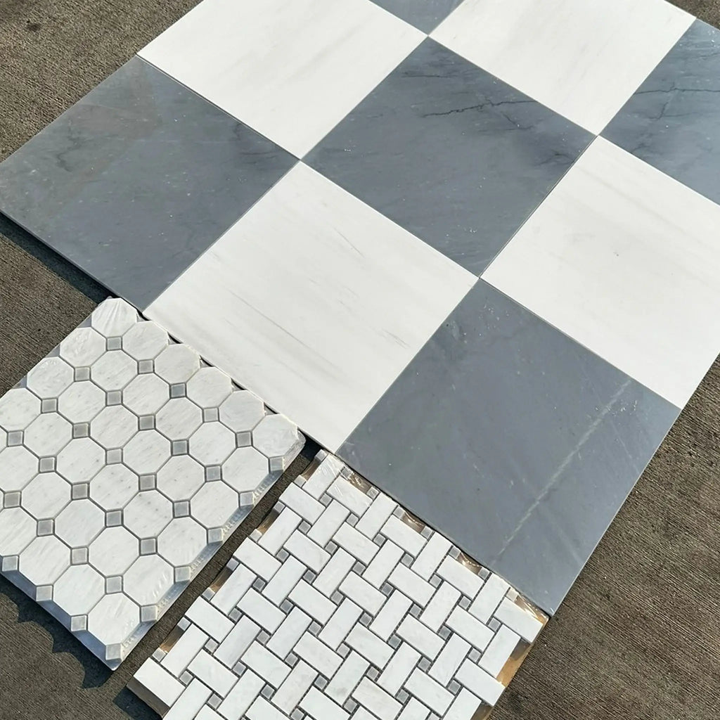 Assorted tile samples of Checkerboard Bardiglio Imperiale and Bianco Dolomite Marble