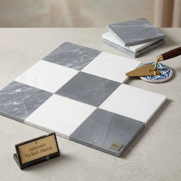Gray and white checkered marble cutting board with polished bardiglio imperiale and bianco dolomite finish