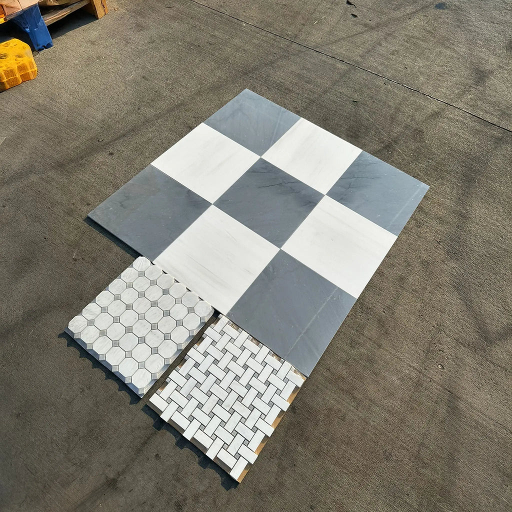 Assorted tile samples of Checkerboard Bardiglio Imperiale and Bianco Dolomite Marble