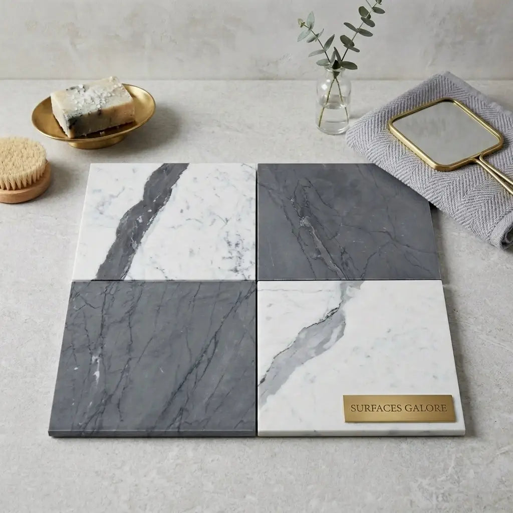 Four square marble tile samples in gray and white with natural veining from the checkerboard bardiglio imperiale and statuario white 12x12 set