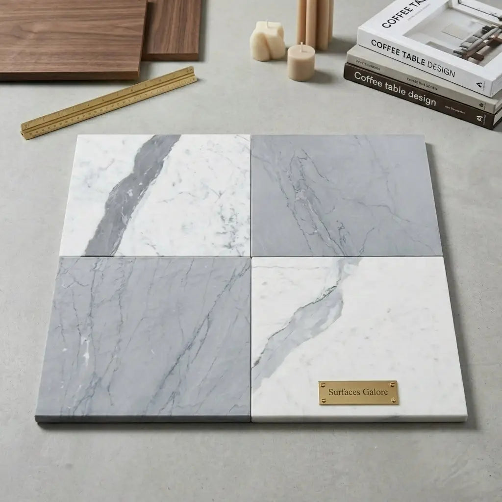 Set of four checkerboard marble tile samples in white and gray with natural veining on a neutral surface