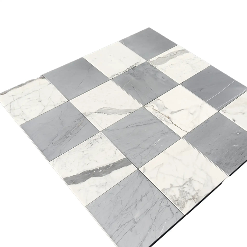 Checkerboard pattern of Gray and White Marble tiles in Checkerboard Bardiglio Imperiale set