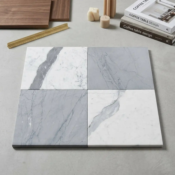 Four square marble effect tiles in white and gray with natural veining from checkerboard bardiglio imperiale and statuario white set