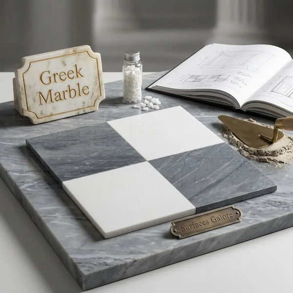 Checkerboard bardiglio imperiale and thassos 12x12 set gray and white marble tile samples arranged in checkered pattern