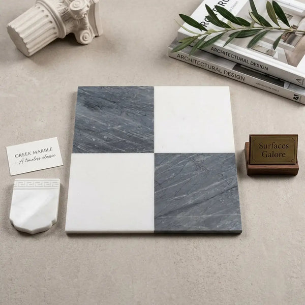 Square greek marble tile set featuring two-tone checkerboard bardiglio imperiale and thassos in 18x18 size
