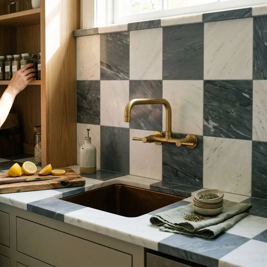 Brass gooseneck faucet with curved spout and dual handles mounted on checkerboard bardiglio imperiale and oriental white marble backsplash
