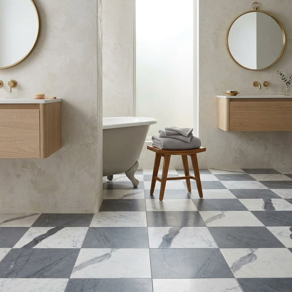 Checkerboard bardiglio imperiale and statuario white 12x12 set of gray and white marble effect checkered floor tiles