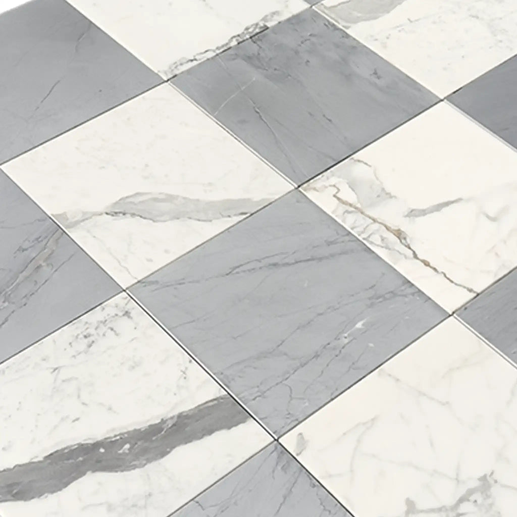 Gray and white checkered marble tiles in Checkerboard Bardiglio Imperiale Statuary set