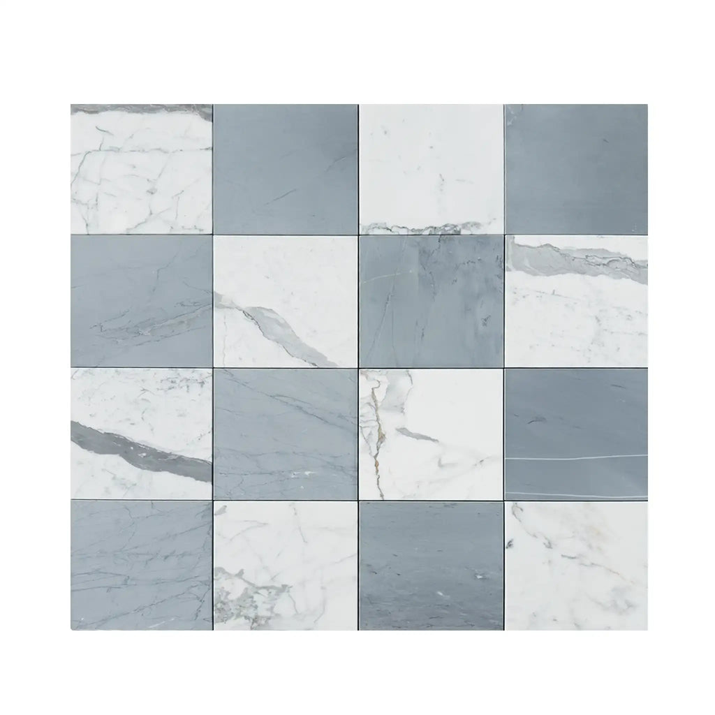Checkerboard pattern of Gray and White Marble tiles in Bardiglio Imperiale Statuario set