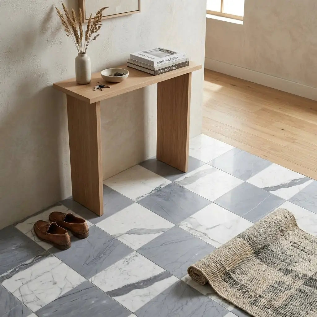 Light wood console table with clean lines and minimalist design paired with checkerboard Bardiglio Imperiale and Statuario White 18x18 set