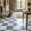 Checkerboard bardiglio imperiale and thassos 12x12 set with white and gray marble floor tiles in a checkerboard pattern