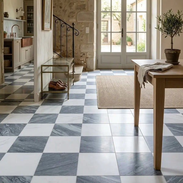 Checkerboard bardiglio imperiale and thassos 12x12 set with white and gray marble floor tiles in a checkerboard pattern